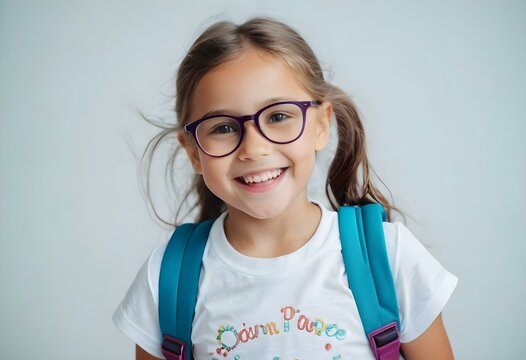 Girl 8 years old, smile, glasses, looking at camera, white t-shirt, backpack. Light white background. AI generated