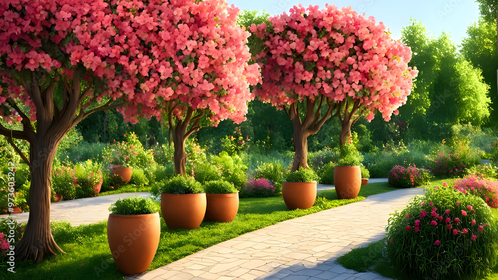 Wall mural Pictures of beautiful trees and flowers grown in pots. Placed as a decoration in the large garden. tree (30)