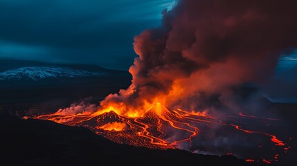 Majestic Volcanic Eruption with Flowing Lava and Billowing Smoke Illuminating the Night Sky, Capturing the Raw Power of Nature in an Awe-Inspiring Scene