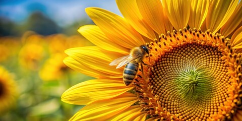 Obraz premium A close up vibrant sunflower with a bee collecting nectar, sunflower, bee, pollination, nature, yellow, flower, garden, bloom