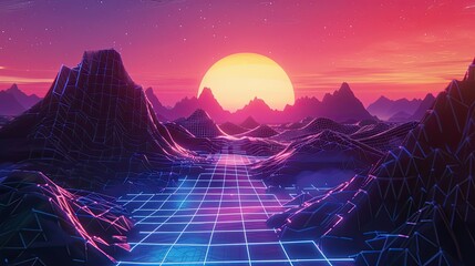 A vibrant, surreal landscape featuring geometric mountains and a glowing sunset, evoking a retro-futuristic aesthetic.