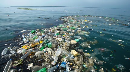 A massive garbage patch floating in the ocean, a stark accumulation of plastic waste and debris swirling in the currents. The disturbing sight underscores the scale of marine pollution and the 
