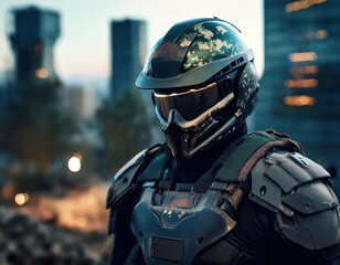 Structure Reference Image of futuristic soldier in an urban city landscape. 