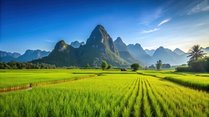 Obraz premium Beautiful rice field landscape with majestic mountains and a clear blue sky, rice fields, landscape, mountains, blue sky