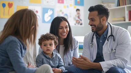 Obraz premium Pediatrician doctor talking to family with mother and child in hospital office
