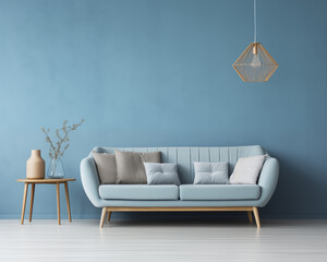 Blue Sofa with Wooden Legs in Modern Living Room Interior
