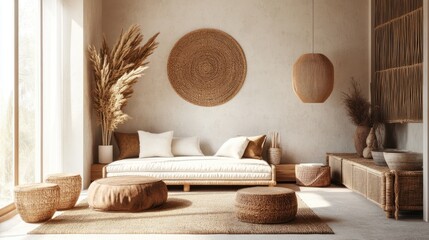 Boho living room with white couch, woven decor, and natural light.
