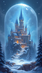 Beautiful illustration of enchant fairy castle inside crystal globe in winter time