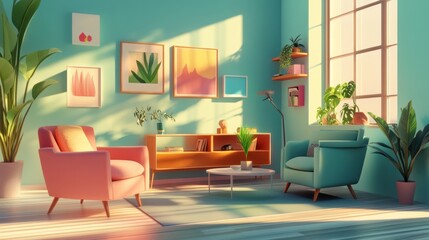 Fototapeta premium Modern living room interior with teal walls, pink and teal armchairs, a wooden cabinet, plants, and sunlight streaming through a window.