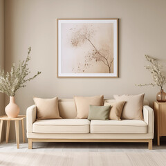 Beige Sofa with Wooden Legs and Neutral Decor in Minimalist Living Room