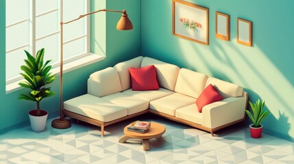 White sectional sofa with red pillows in a light green room with a window, lamp, and plants.