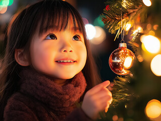 Naklejka premium A young child hangs a Christmas bauble on the tree. 