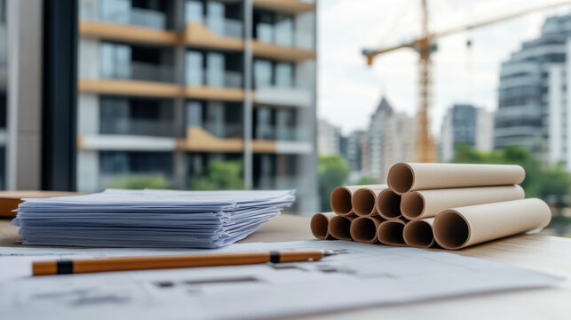 A desk filled with architectural blueprints, rolled-up building plans, and a pencil, representing the planning phase of construction projects.
