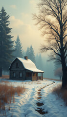 Hyperrealistic Winter Farmhouse Aesthetic with Vintage Film Quality 