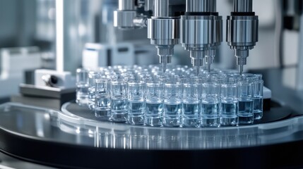 Automated liquid dispensing machine filling vials with clear liquid in a lab.