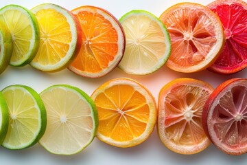 Fototapeta premium Artistic layout of vibrant, intersecting quince slices on a bright surface