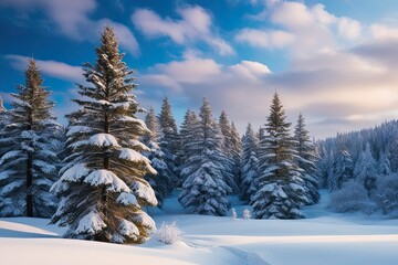 Fototapeta premium Magical Winter Landscape with Snow-Capped Spruce and Enchanted Forest