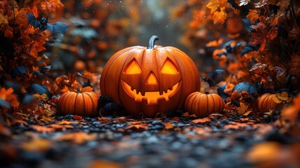 A festive Halloween scene with carved pumpkins and autumn leaves.