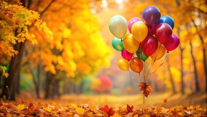 Colorful autumn balloons against a backdrop of fall foliage , balloons, seasonal, autumn, colors, fall, background, leaves