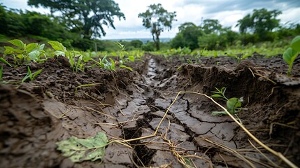 Fototapeta premium Soil erosion due to unsustainable farming practices, illustrating exposed roots, barren land, and sediment runoff into nearby waterways. 