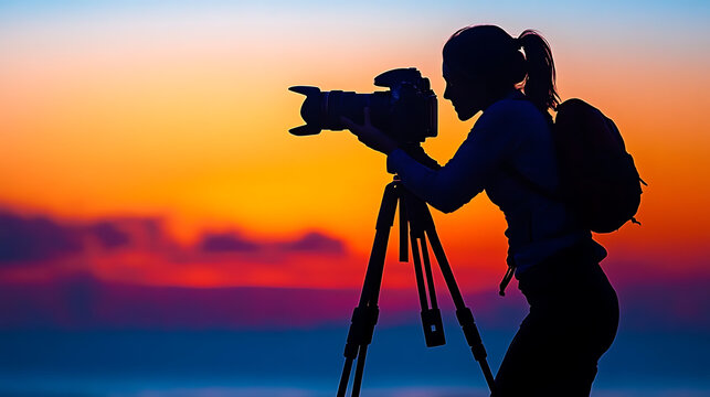 Silhouette of a Photographer Capturing a Sunset: A woman photographer with a backpack, holding a camera on a tripod, captures a vibrant sunset.  The image is a silhouette against the bright, colorful 