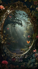 In an enchanted forest, a mystical mirror showcases a magical scene full of vibrant butterflies, beautiful flowers, and lush greenery, creating a captivating and surreal fairytale setting