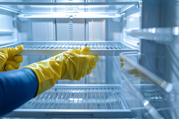 Person Cleaning Inside of an Empty Refrigerator with Yellow Gloves
