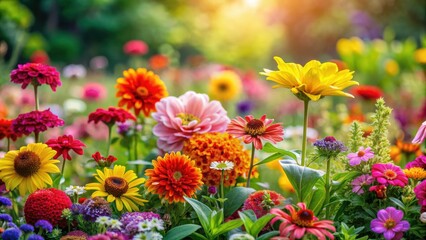 Beautiful vibrant flowers blooming in a colorful garden , garden, flowers, nature, petals, greenery, blossoms, vibrant, beautiful