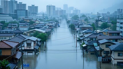 Severe flooding in an urban area, with streets submerged and homes inundated due to rising waters from climate change. The scene underscores the increasing frequency and severity of extreme 