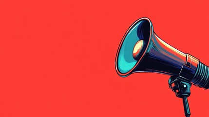 A blue and black megaphone is facing right, on a red background with copy space.