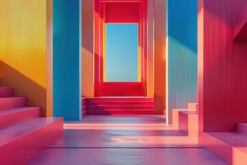 Fototapeta premium A vibrant composition of floating colorful structures in a surreal atmosphere at sunrise