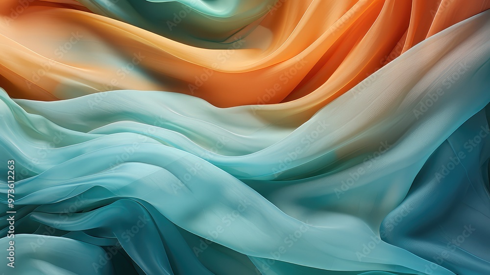 Aufkleber a visually captivating arrangement of flowing fabric in soft hues of orange and turquoise, creating 