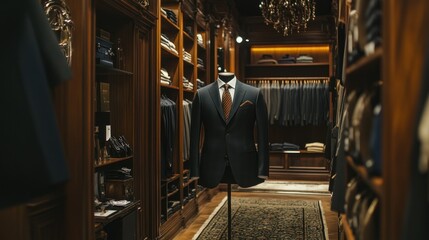 A tailored suit jacket on a mannequin in a luxury clothing store.