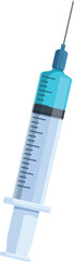 Medical syringe is depicted with a blue liquid inside, suggesting its use for vaccination or administering medication