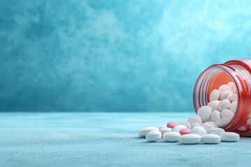 Pills spilled from a jar on a textured blue surface