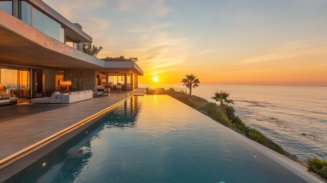 Modern house with infinity pool overlooking ocean at sunset.