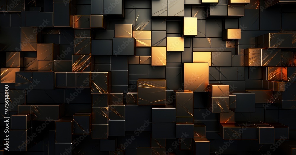 Poster a visually striking abstract design featuring a mix of black and gold blocks, creating a modern and 