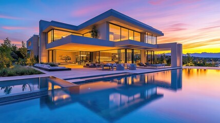 Obraz premium Modern house with a swimming pool and a beautiful sunset.
