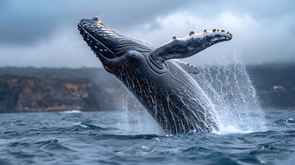 Fototapeta premium A magnificent whale breaching in the open ocean, its massive body soaring above the waves in a display of power and grace. The scene captures the awe-inspiring beauty of marine life and the 
