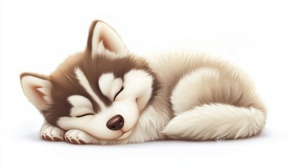 Fototapeta premium Adorable Siberian Husky puppy cartoon curled up in a ball, fast asleep, with a peaceful smile on its face, isolated on white