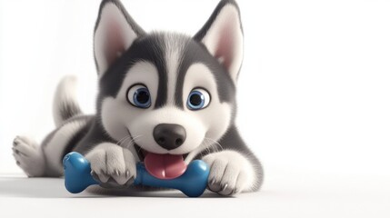 Cartoon Siberian Husky puppy playing with a chew toy, looking mischievous and energetic, isolated on a white background