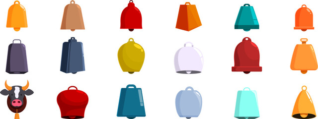 Cowbell icons set. Set of colorful cowbells showing different shapes and sizes, isolated on white background