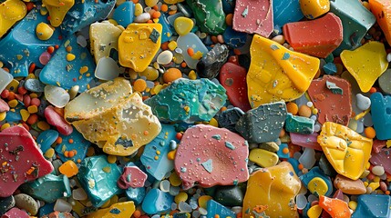 Plastic-eating bacteria breaking down waste, magnified view showing the bacteria at work on a piece of plastic, with a microscopic landscape of cellular activity. 