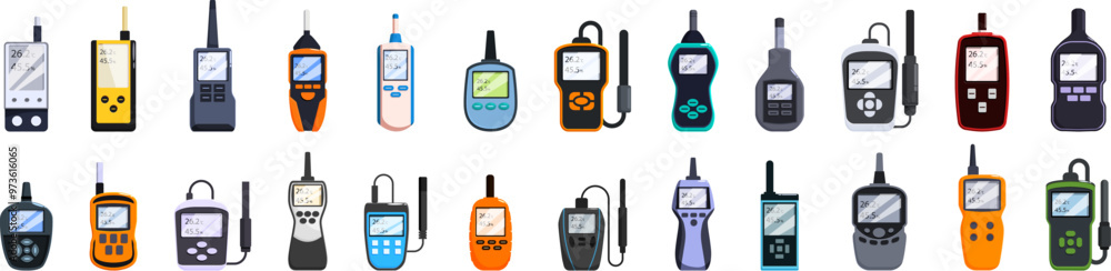 Poster thermohygrometer icons set. set of colorful electronic tools for measuring environmental parameters,