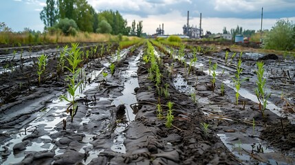 Phytoremediation plants cleaning contaminated soil, featuring various plant species actively absorbing toxins from the soil in an industrial area. 