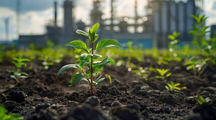 Phytoremediation plants cleaning contaminated soil, featuring various plant species actively absorbing toxins from the soil in an industrial area. 