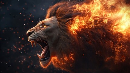 A fierce lion with flaming mane roars against a dark background.