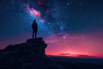 Fototapeta premium A lone figure gazes at the expansive starry sky from a rocky summit at twilight