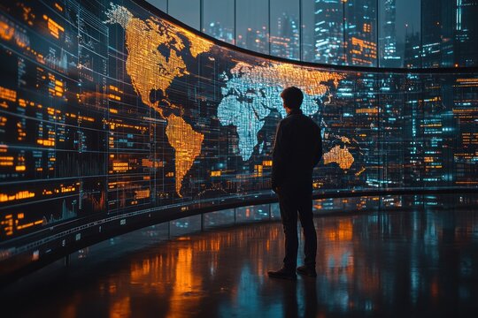 Man Looking at World Map on Giant Screen in Modern City