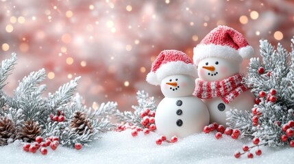 Obraz premium Festive snowmen adorned with hats and scarves in a winter setting.